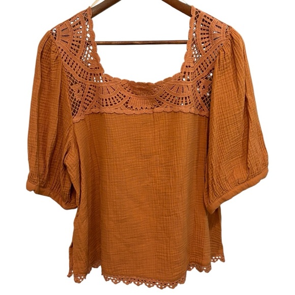 Democracy Above Elbow Bubble Sleeve Square Crochet Neck Woven Top Sz  XL - Picture 4 of 12